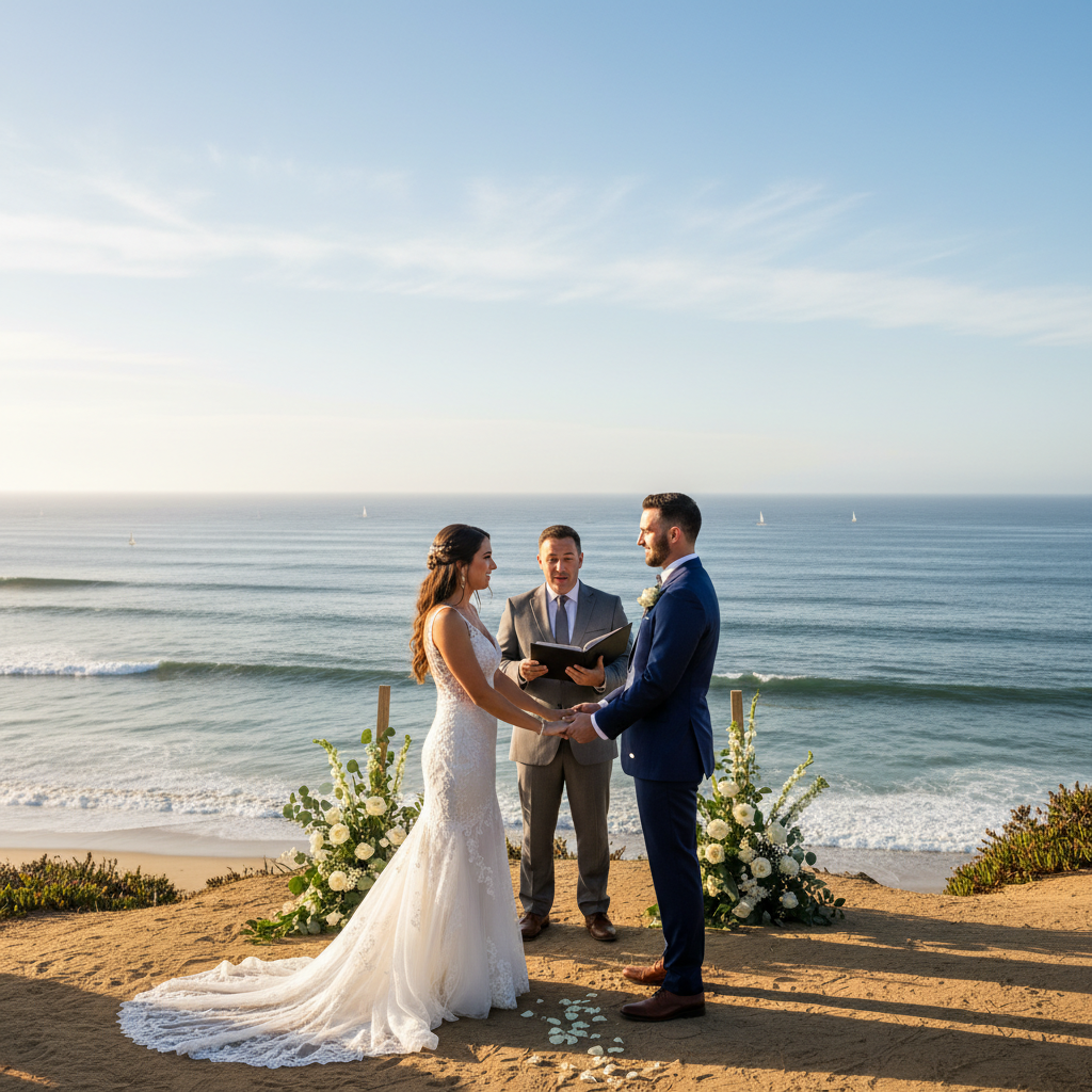 Officiant reading vows, couple facing each other with ocean behind