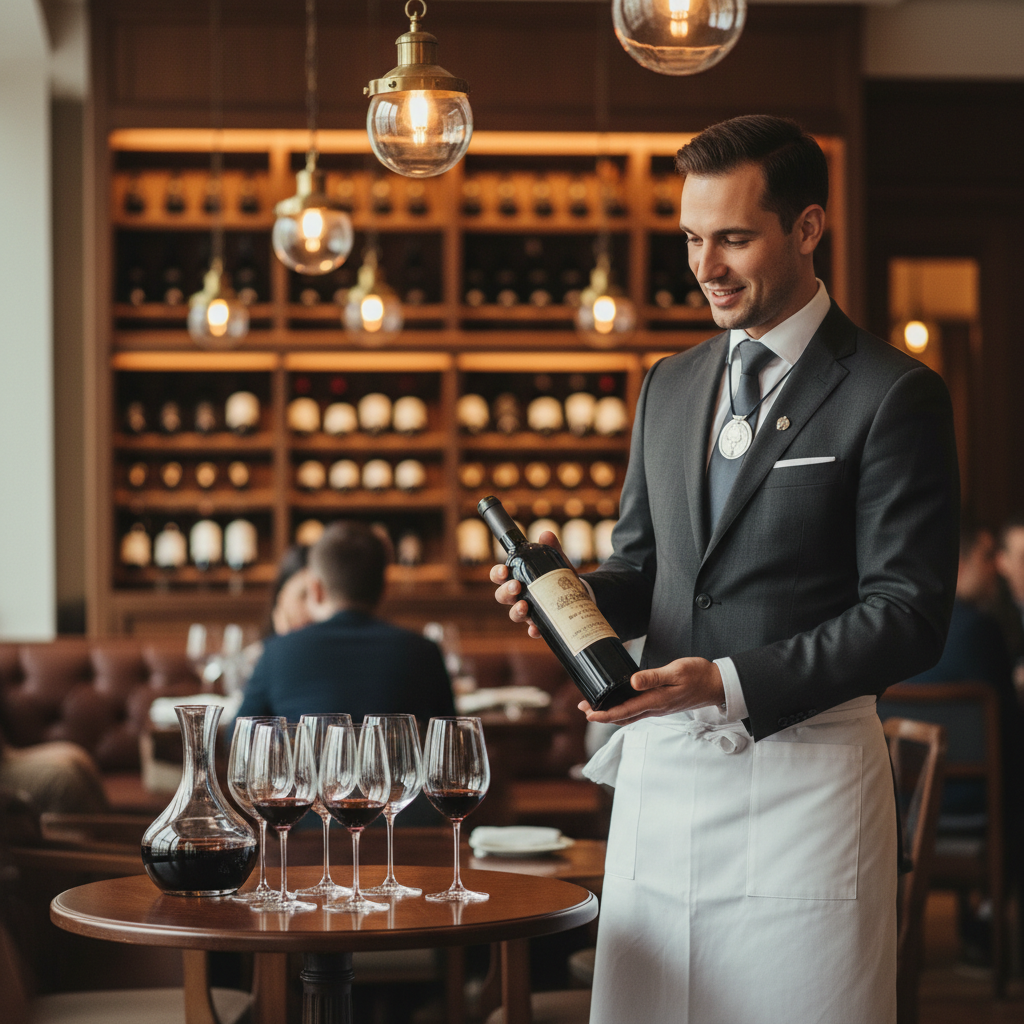 Sommelier presenting wine at upscale restaurant with professional grace