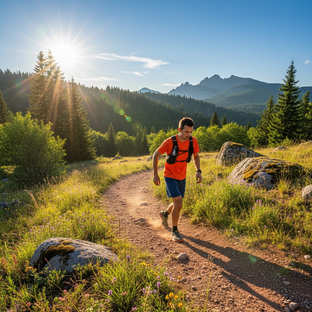 Man running on a sunlit trail, athletic build, green trees in background, natural outdoor setting