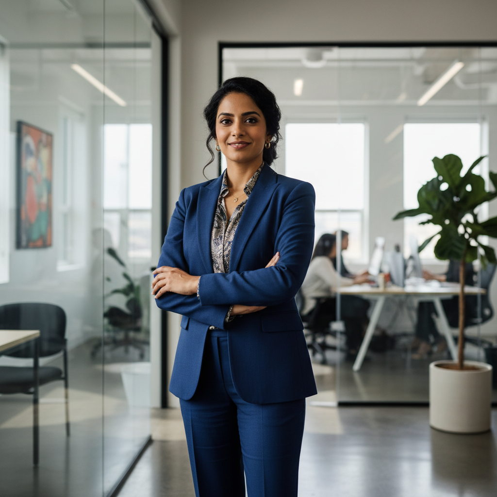 South Indian woman in professional attire, confident smile, office background