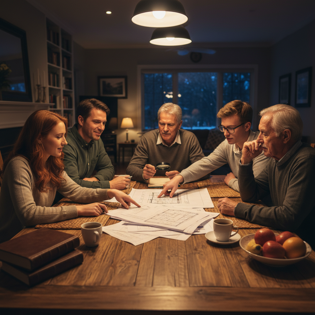 Family gathered around a dining table looking at printed documents together, warm interior light