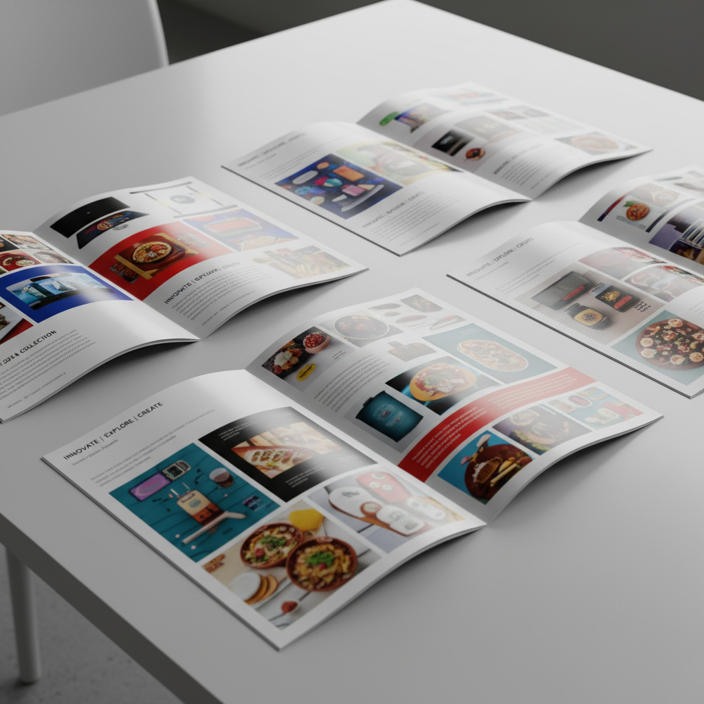 Colourful marketing brochures fanned out on a white surface with bold typography