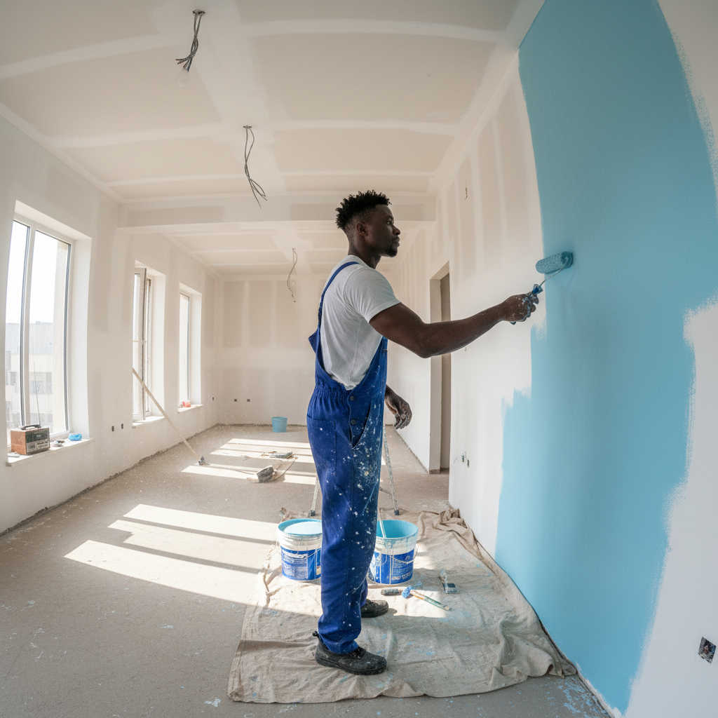 Peintre africain professionnel rénovant l'intérieur d'une maison à Abidjan