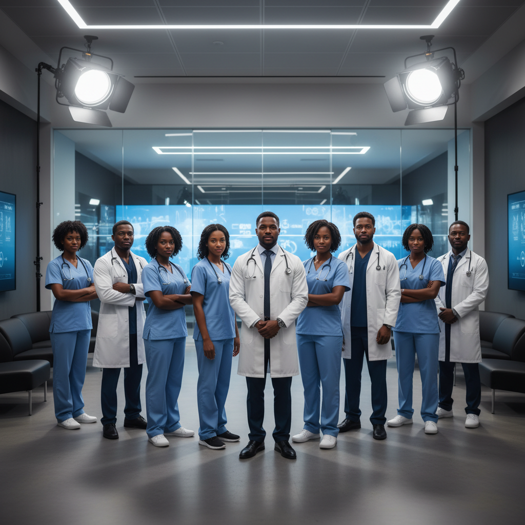 Diverse group of African American and multicultural nurses and physicians in a premium healthcare leadership environment, confident and elevated