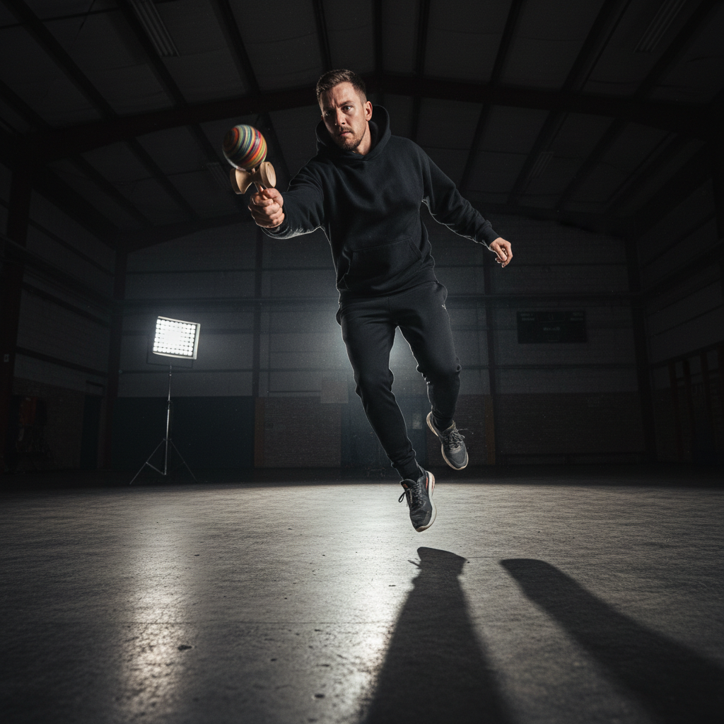 Sports equipment on dark gymnasium floor, moody low-key lighting, deep shadows