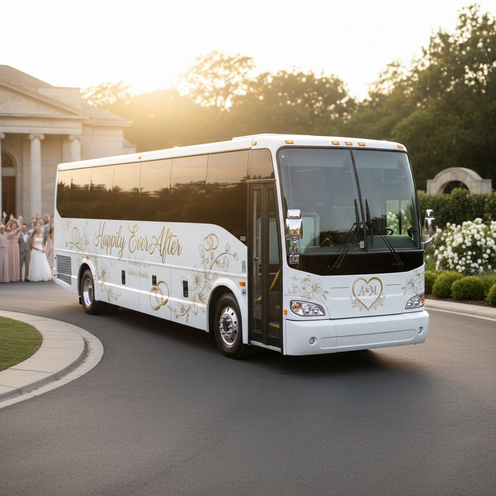 Wedding shuttle bus service, charter bus for wedding guest transportation between ceremony and reception venues