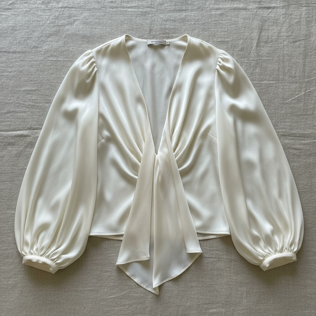 Flowing silk blouse in warm bronze tone, soft editorial lighting, luxurious fabric drape, minimal background