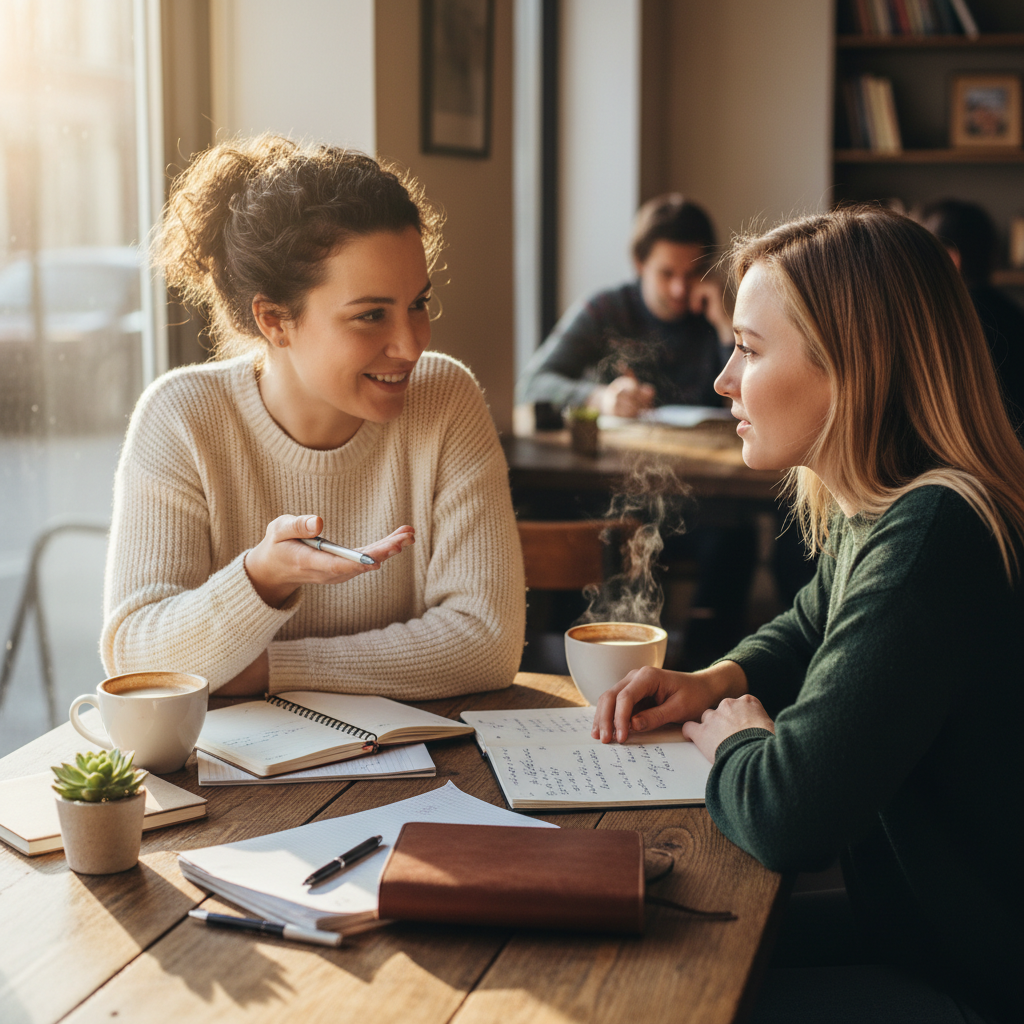 A warm, softly lit photograph of two women in conversation over coffee and notebooks, representing the collaborative spirit of the Tend writing team