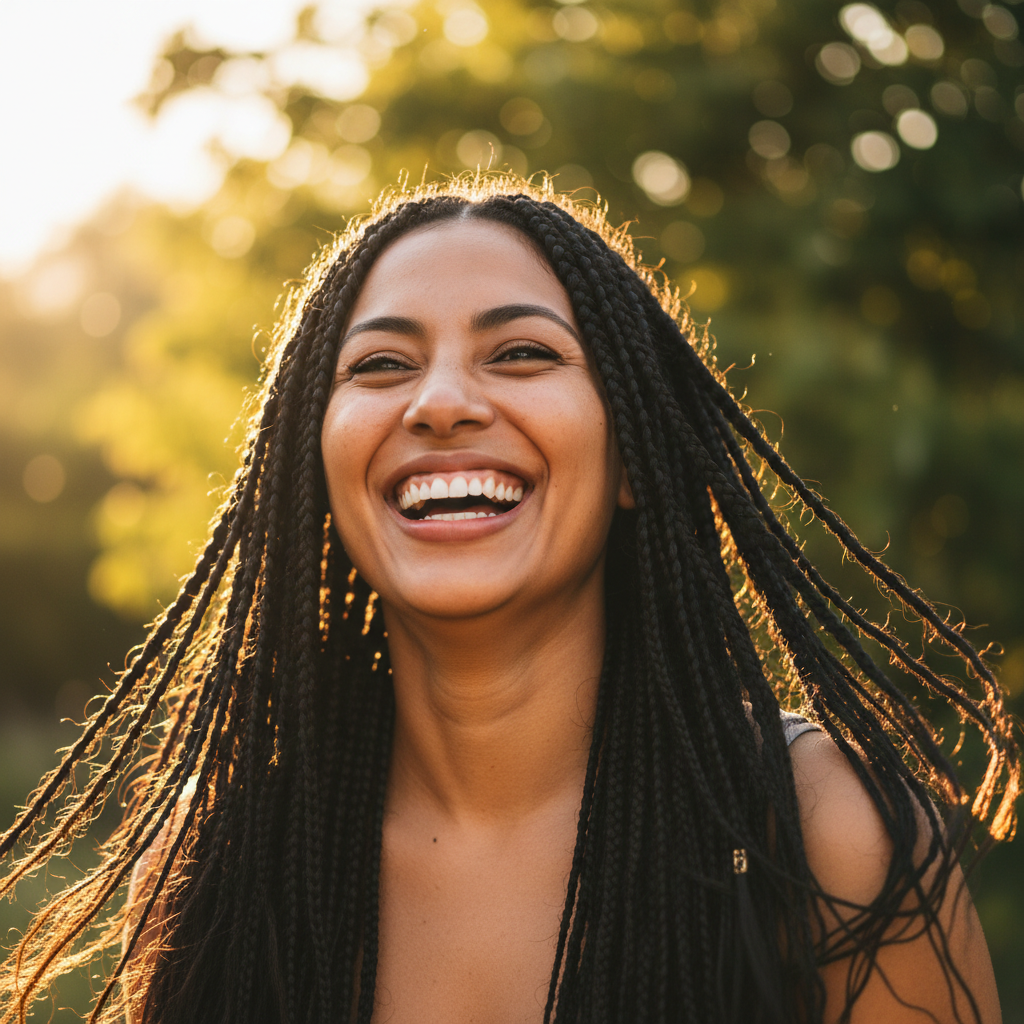 Latina woman with long dark hair smiling outdoors in bright sunlight