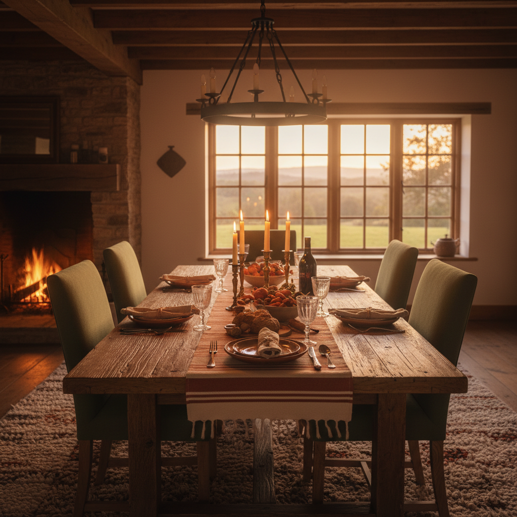 Completed dining room with farmhouse table, candlelight and warm amber evening light through windows