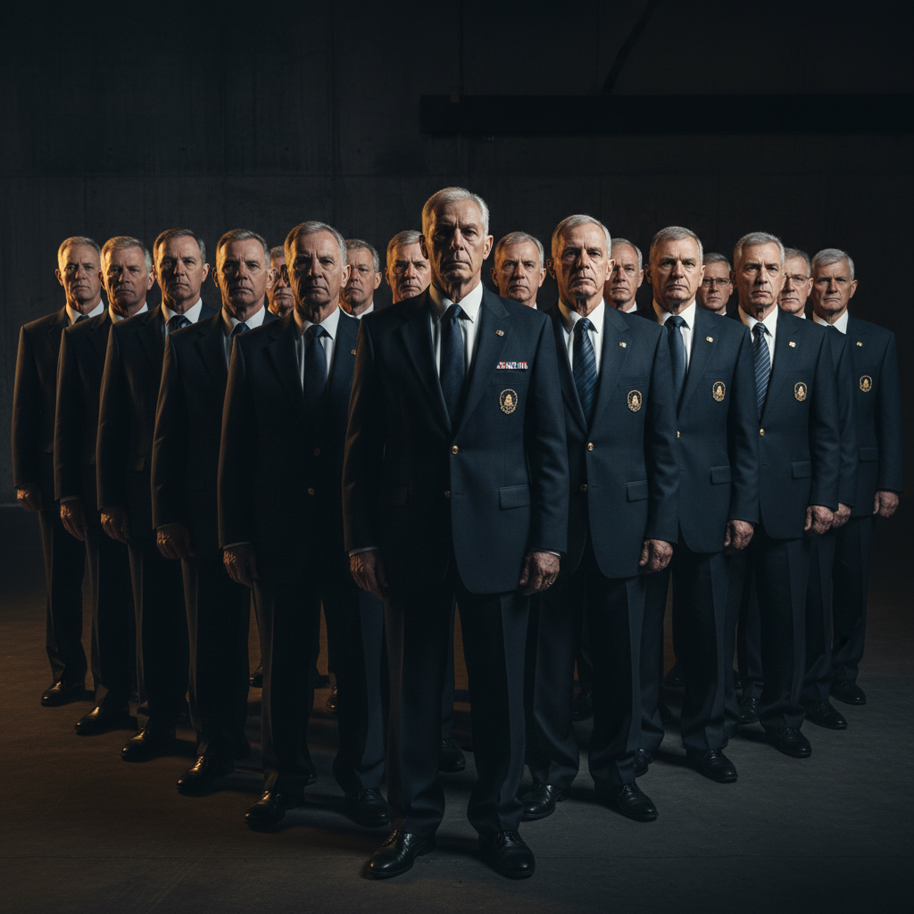 Military veterans in professional attire against a dark shadowed background, disciplined group, moody dramatic lighting, dark olive tones