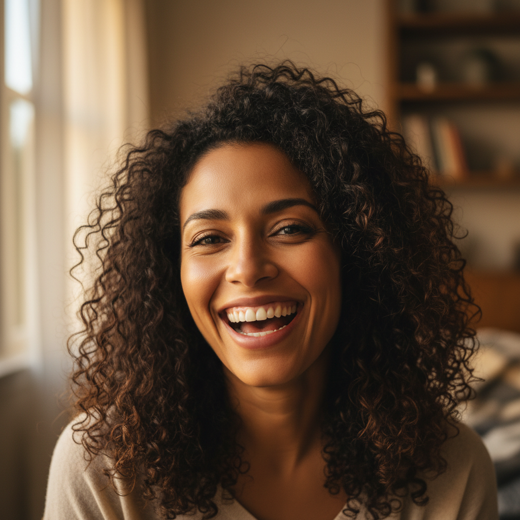 Portrait of Amara Johnson, a young woman with natural hair, smiling warmly