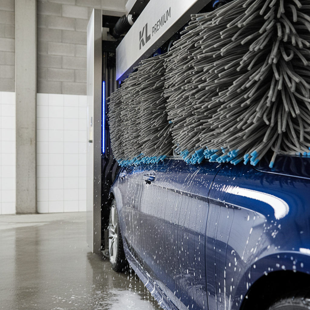 Soft-touch rotating brushes moving across a car door during an automated wash cycle