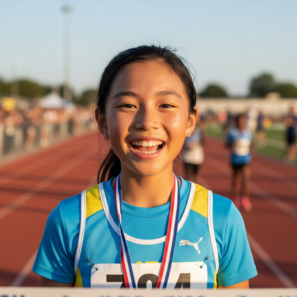 Young Asian-American girl, Olivia, smiling at finish line in youth track uniform