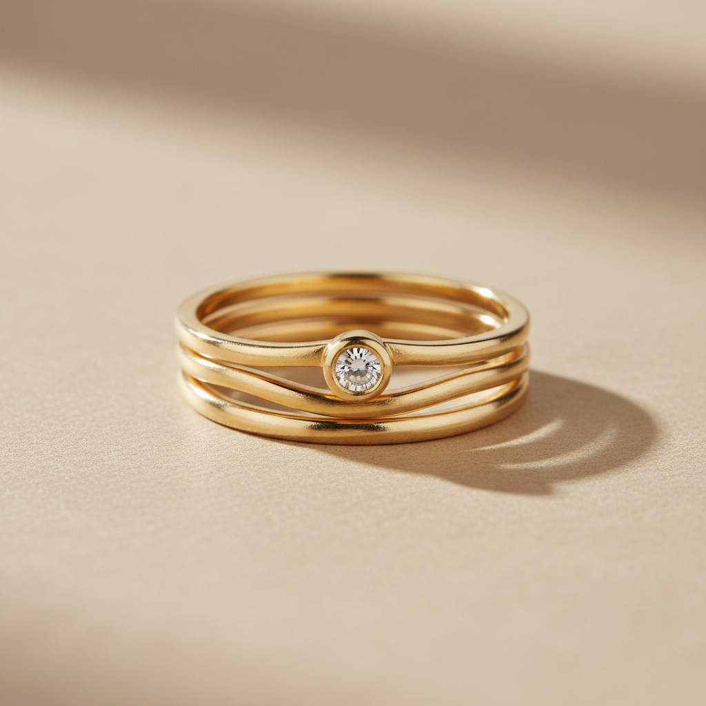 Unazë Ari Minimale Stack — Set unazash stack në ar 14K. Tre unaza delikate me dizajn mi
