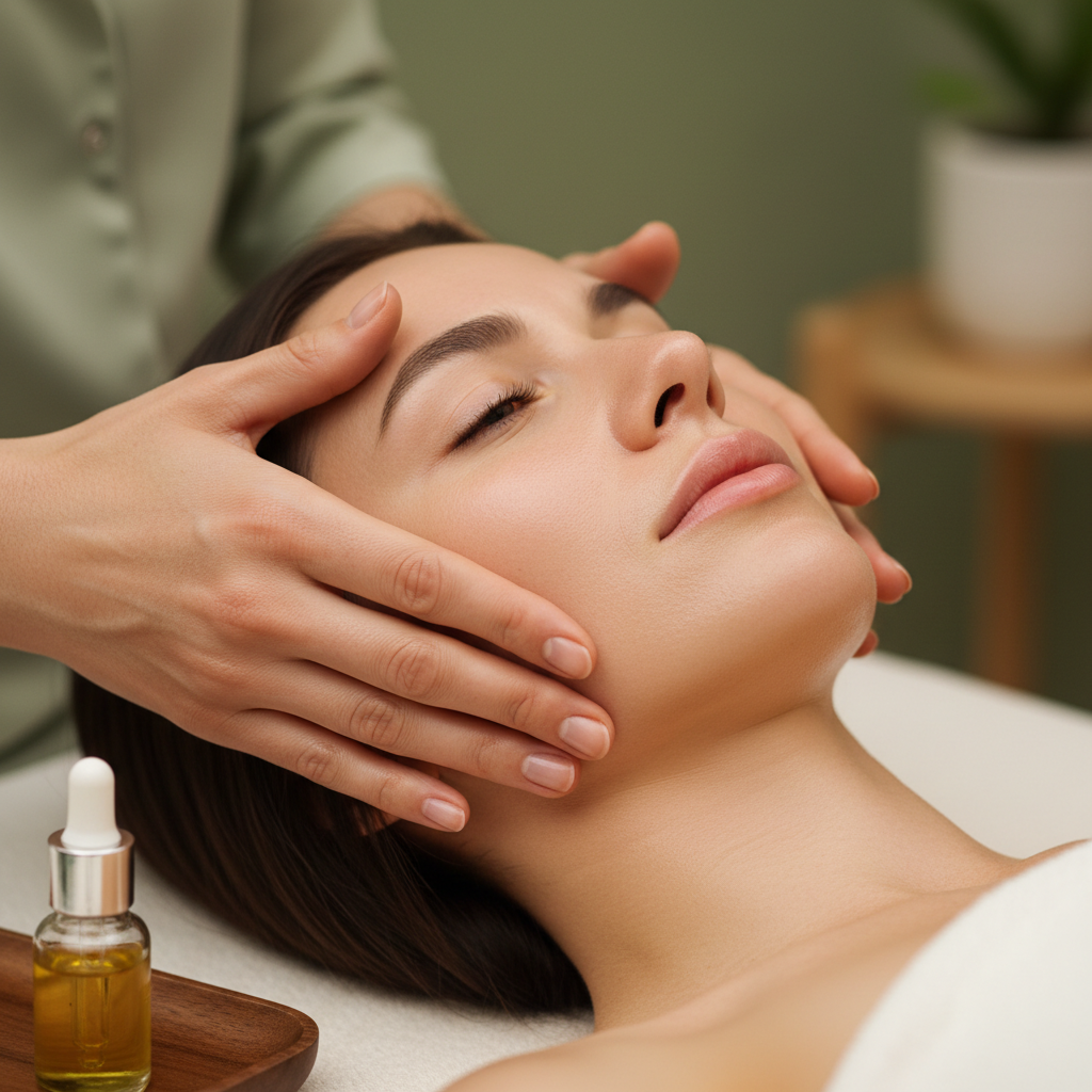 Woman with eyes closed enjoying a facial massage in a serene treatment room
