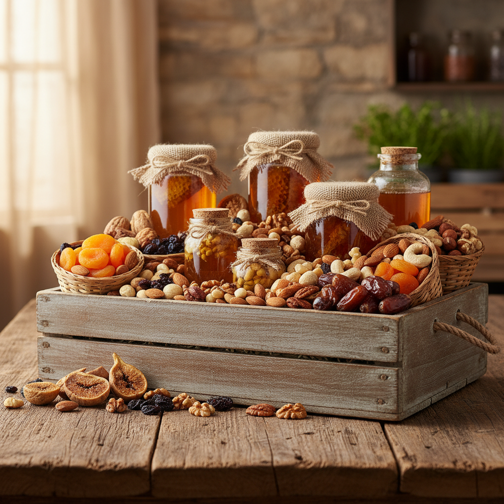 Glass jars of artisan honey and fruit jam in wooden gift crate on white background