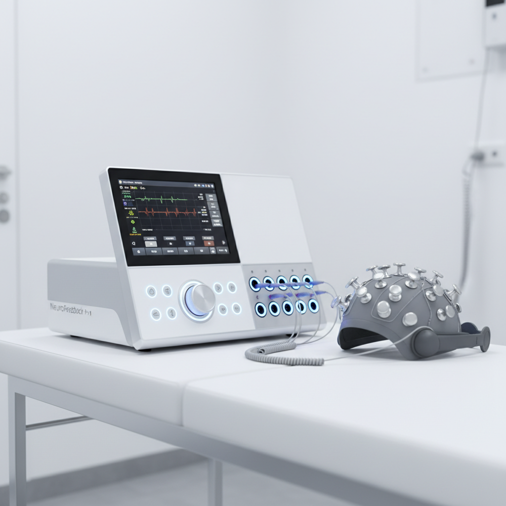 Close-up of a lightweight EEG headband on a desk in a bright, minimal home office setting