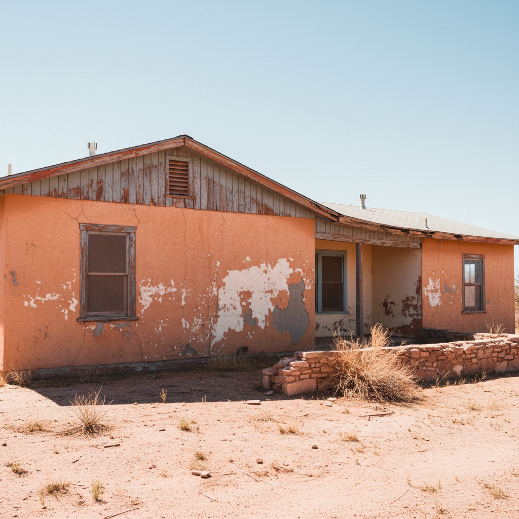 Arizona home exterior showing sun-damaged paint and weathered trim in harsh desert sunlight, typical repair needs visible