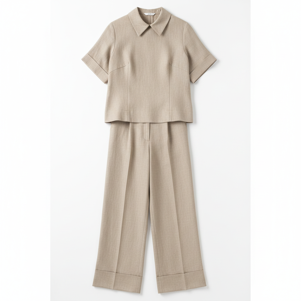 Stylish linen crop top and wide-leg pants set, bright airy fashion studio