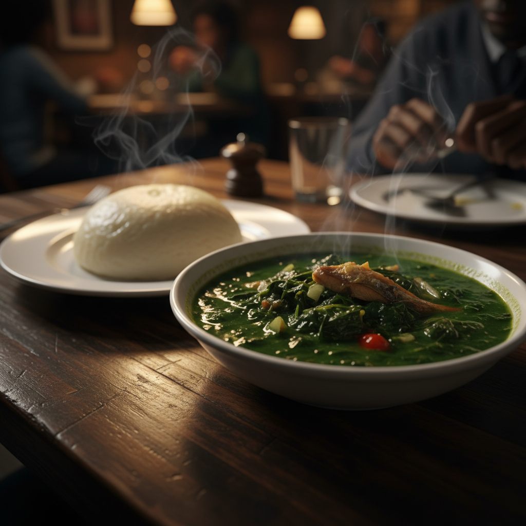 Smooth white pounded yam served alongside rich green egusi soup with assorted meat in a traditional bowl