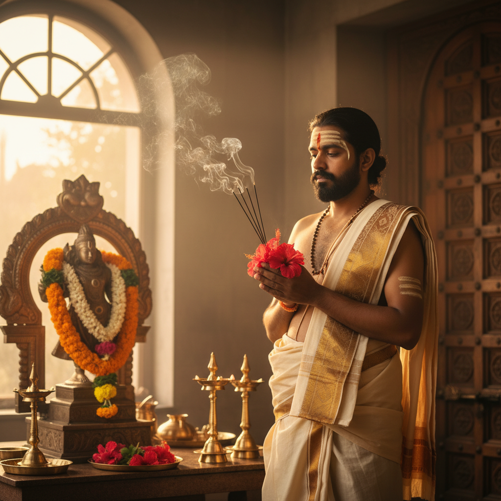 Priest performing archana with marigold flowers at sacred temple