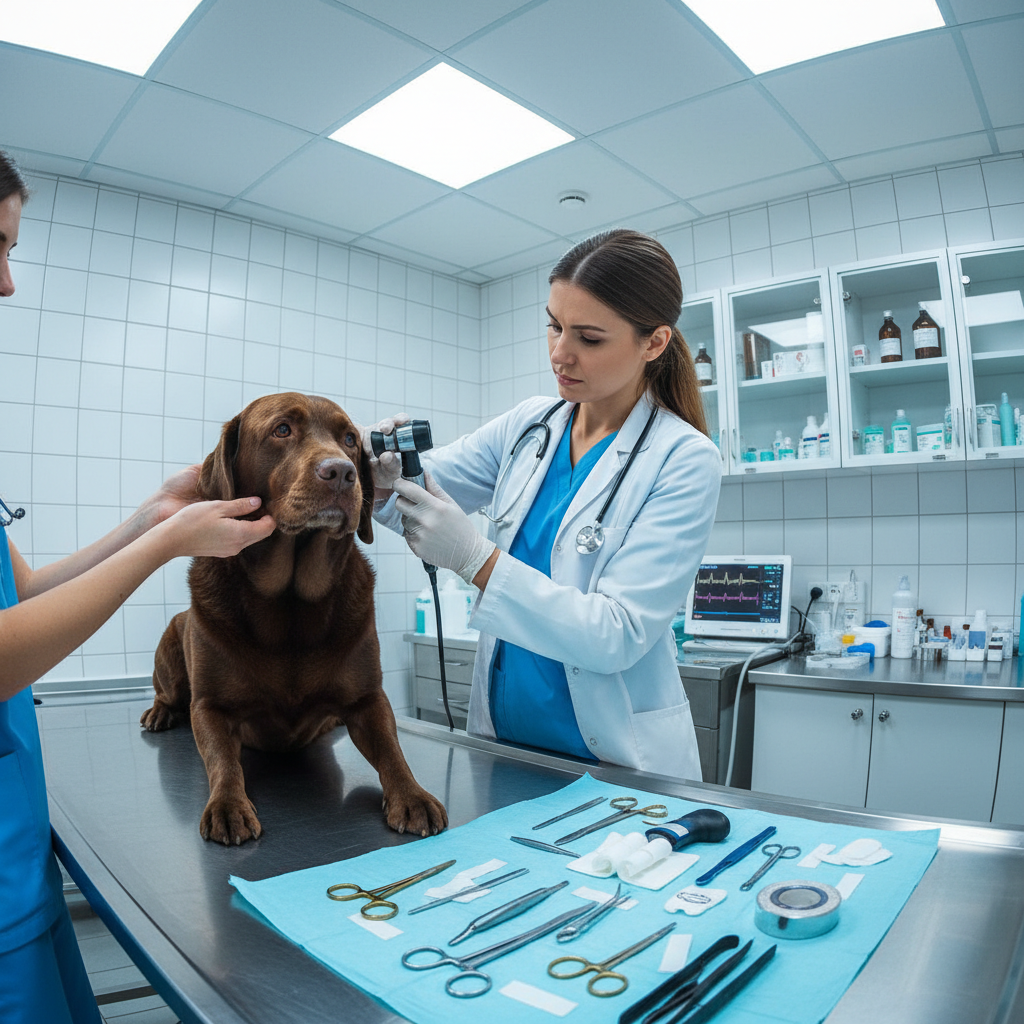 Healthy happy dog with clean ears being gently examined, bright examination setting, professional and caring