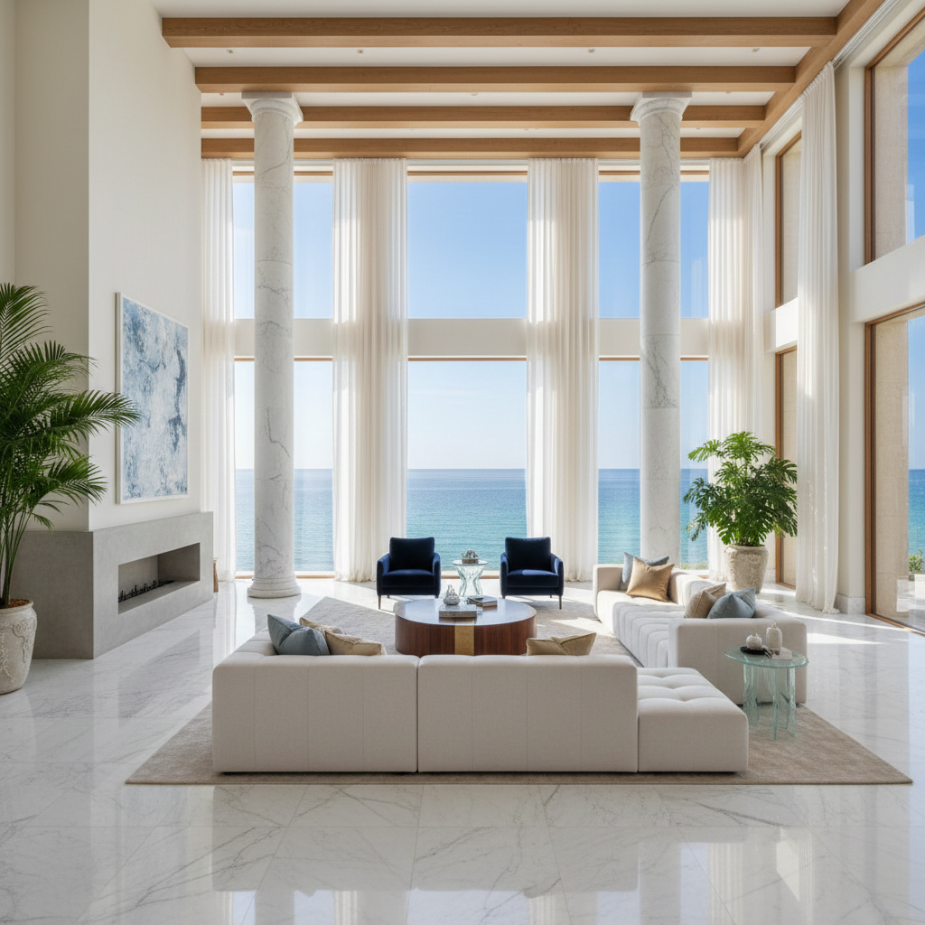 Luxury villa interior with floor to ceiling windows, bright airy living room, premium finishes, neutral tones