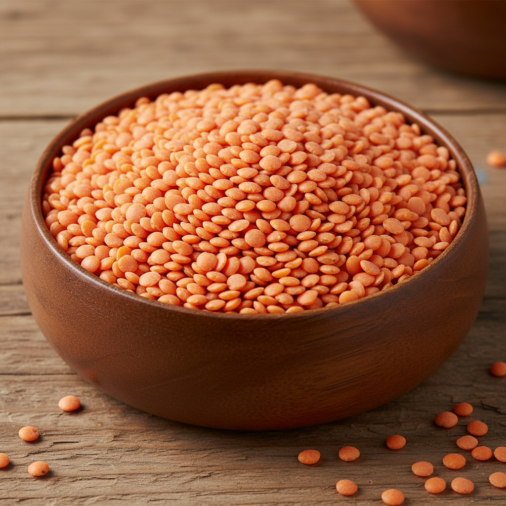 Red and green lentils in wooden bowls side by side, colorful legumes for export