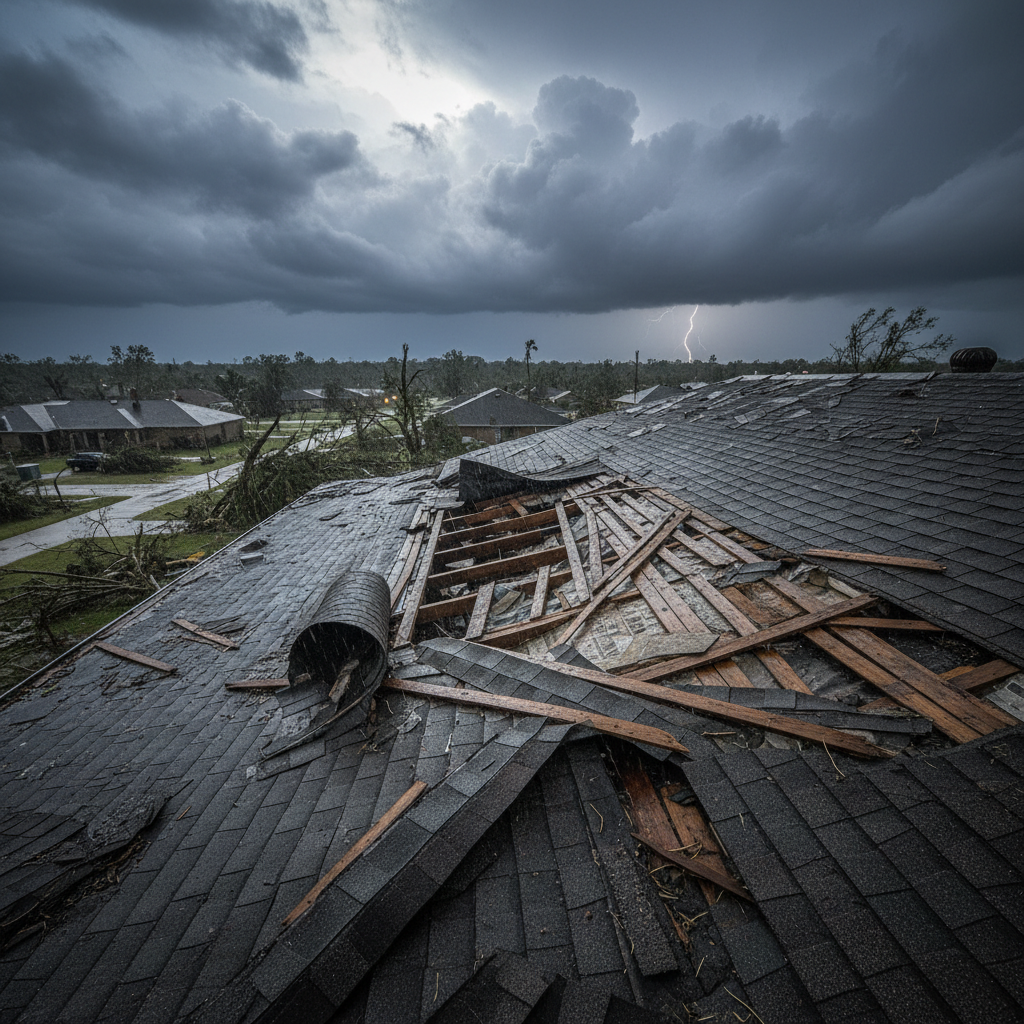Storm-damaged roof with missing shingles and exposed deck after hurricane, Miami residential neighborhood