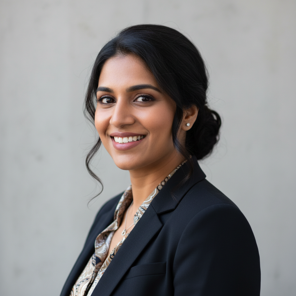 Professional Indian woman in business attire with warm smile