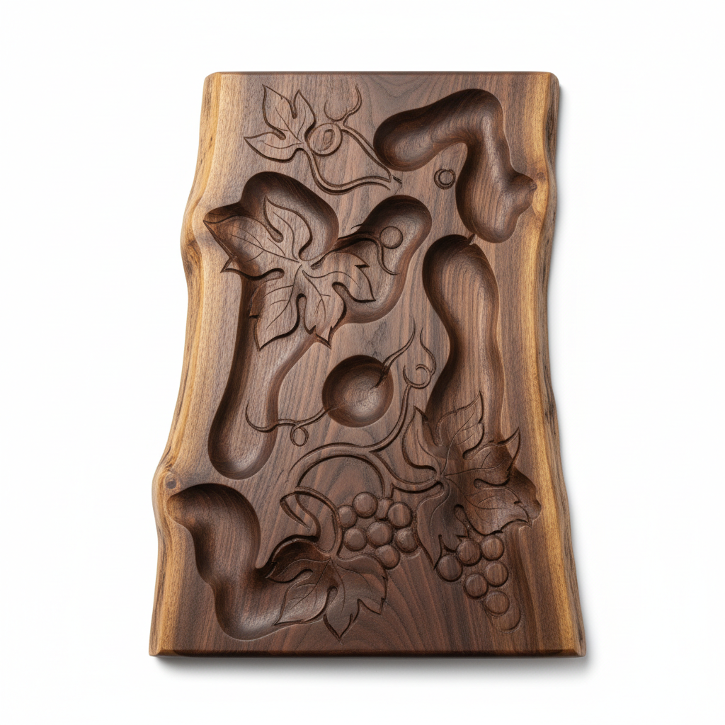 Handcrafted oak wood cheese board with natural grain and carved serving handles on marble