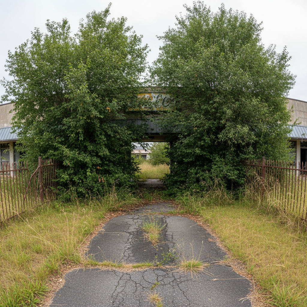 Commercial property with unkempt lawn and overgrown shrubs before maintenance