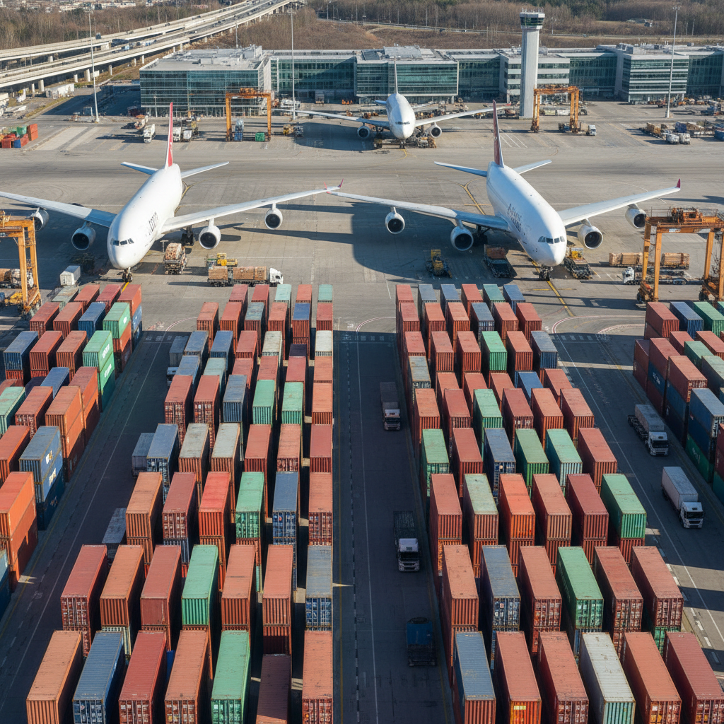International cargo aircraft on tarmac at a major global logistics hub — air freight and international trade infrastructure