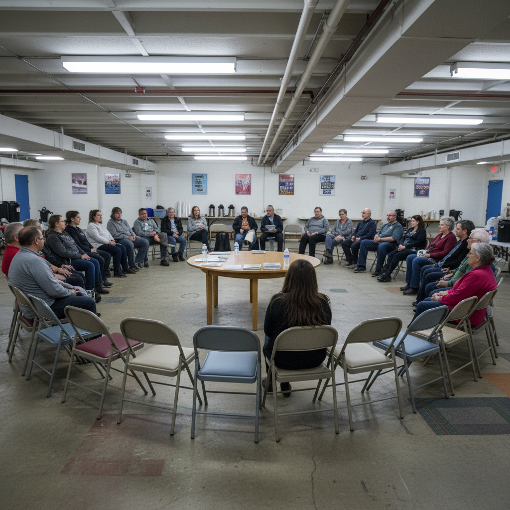 Circle of folding chairs filling up in a church basement meeting