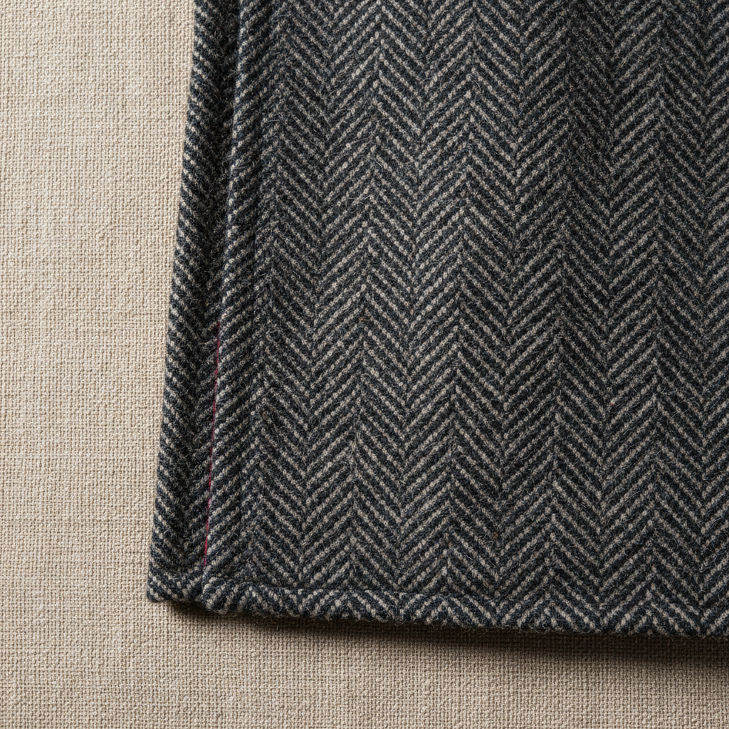 Heritage overcoat in fine herringbone wool, close view of weave and selvedge edge