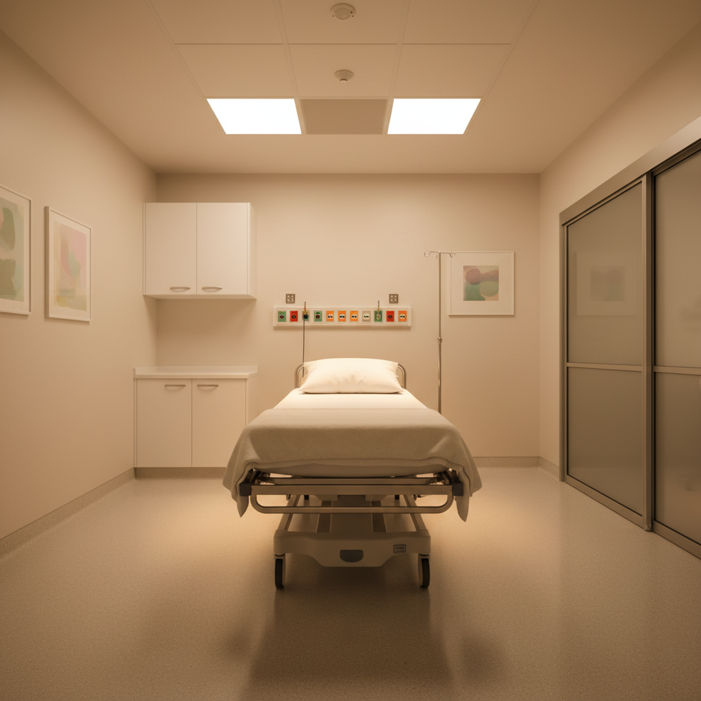 Hospital pre-op area with warm overhead lighting, medical bed with folded blanket, calm and clean environment