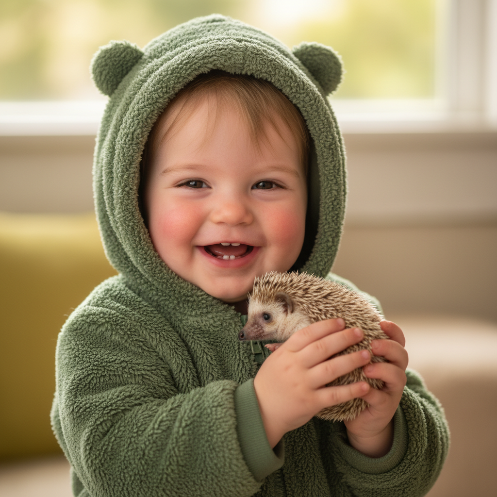 Toddler in a spiny hoodie holding a small hedgehog with both hands, grinning