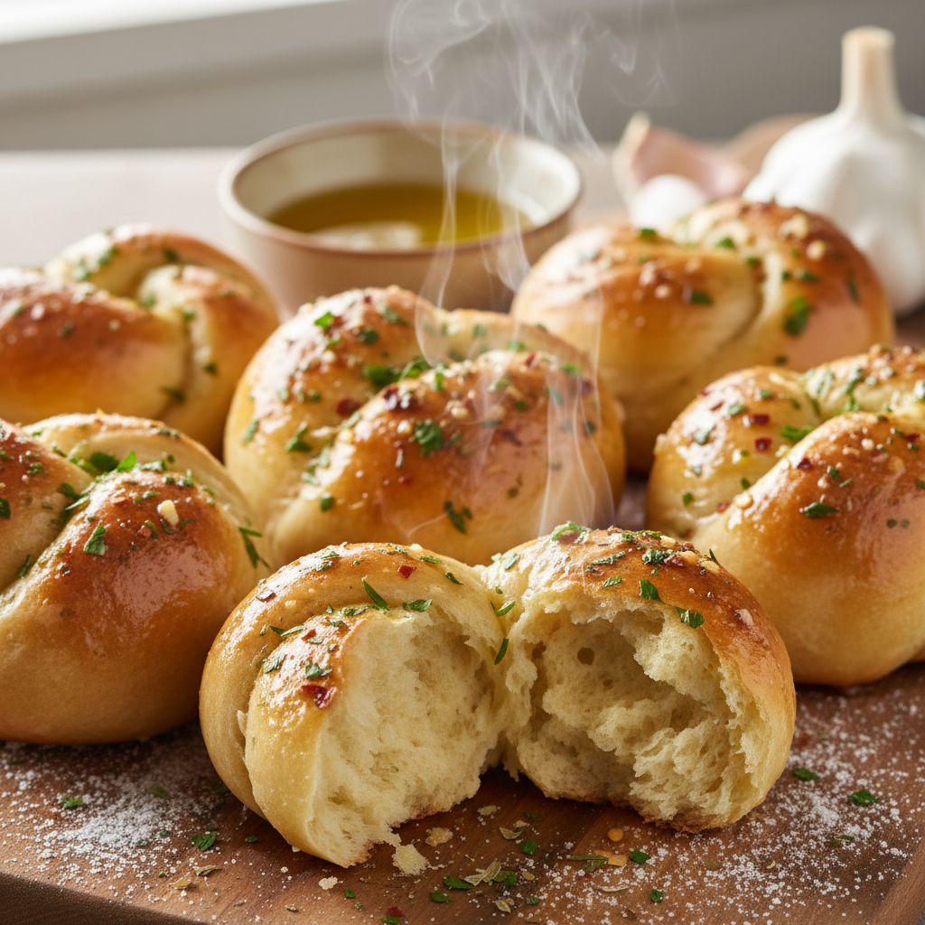 Golden garlic knots glistening with butter and herbs in a cast iron skillet