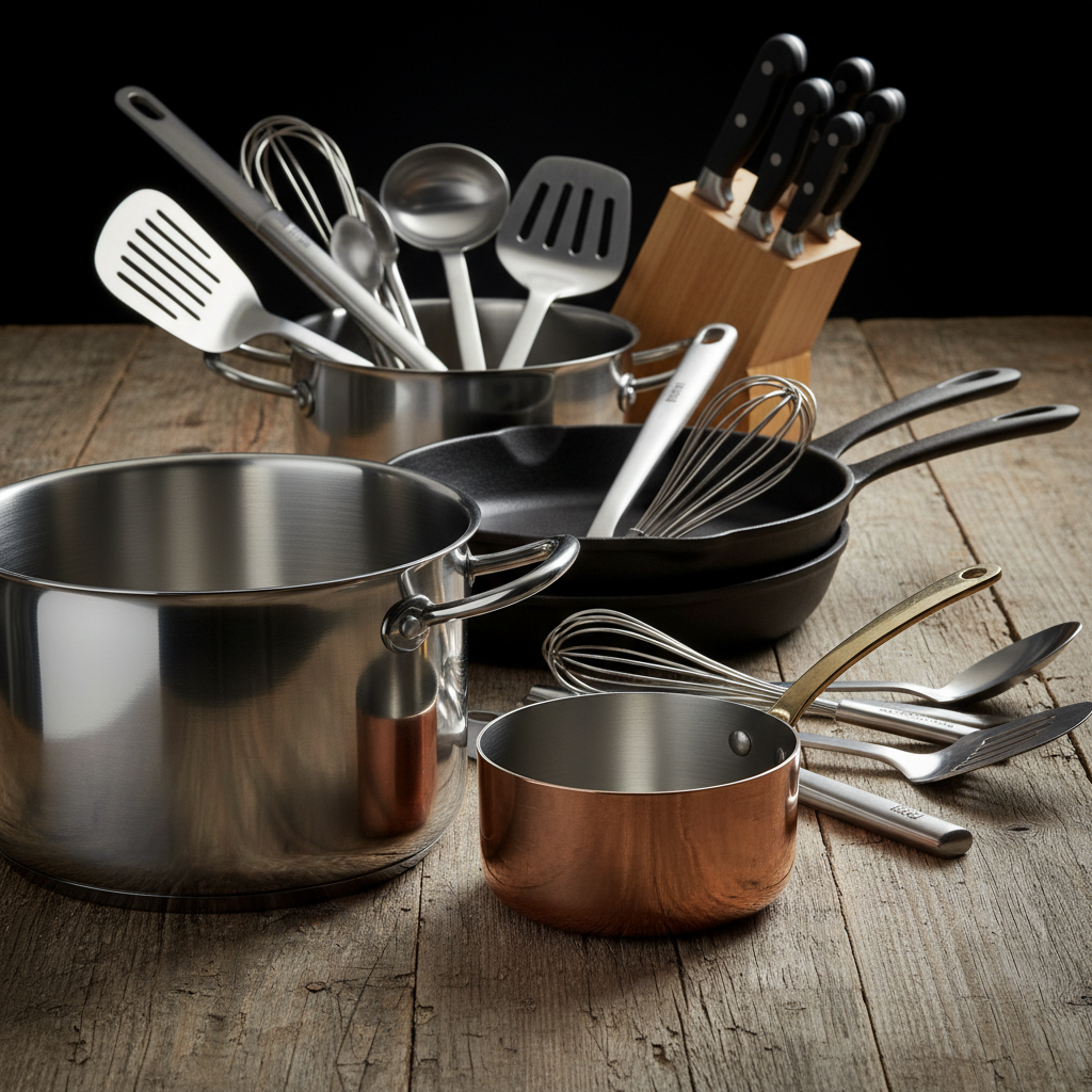 Professional kitchen tools including pots pans and cooking utensils arranged on wooden surface
