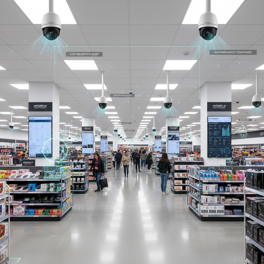 Modern retail store using ANTARIX AI security for loss prevention, customer safety monitoring, and crowd flow analysis with real-time alerts