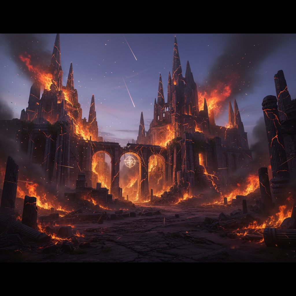 Cinematic dark fantasy landscape with dramatic amber lighting, moody atmospheric environment, deep shadows