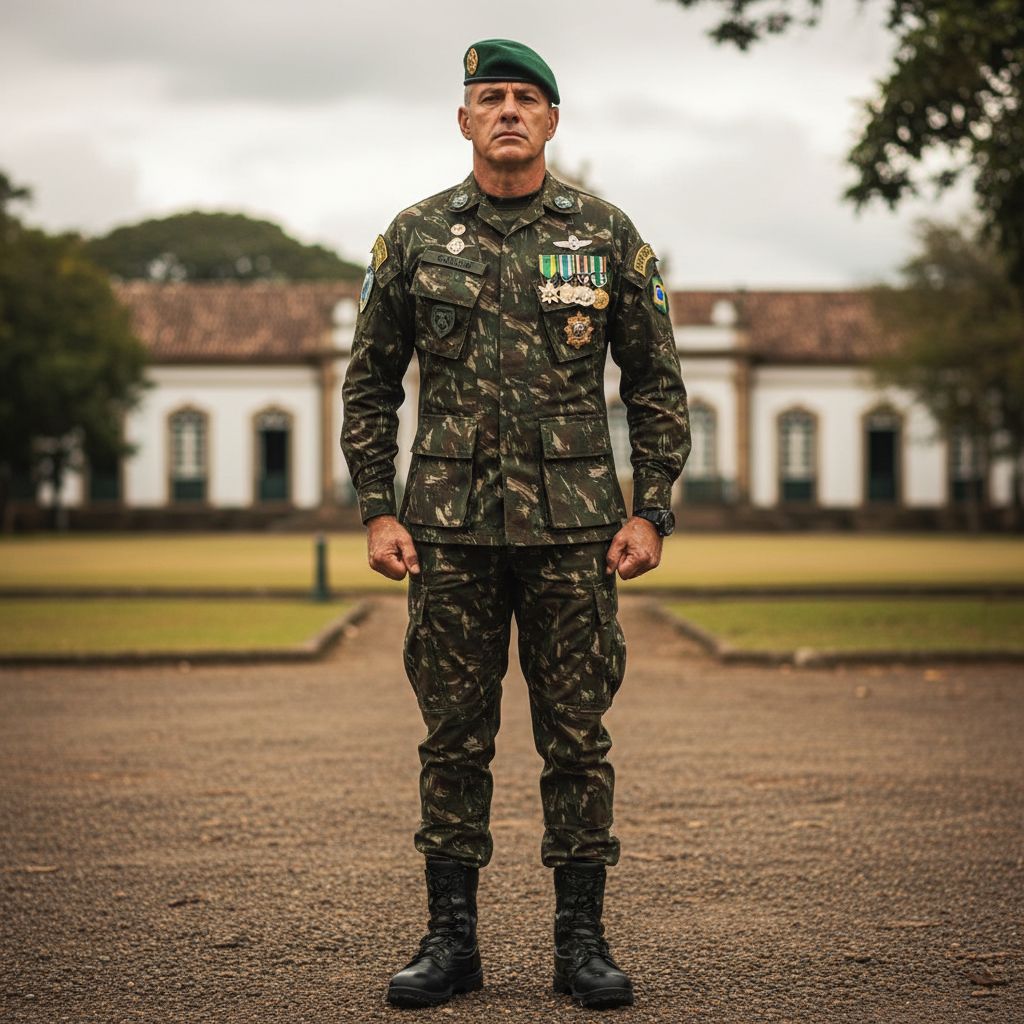 Brazilian military personnel in formal uniform standing at attention during ceremony