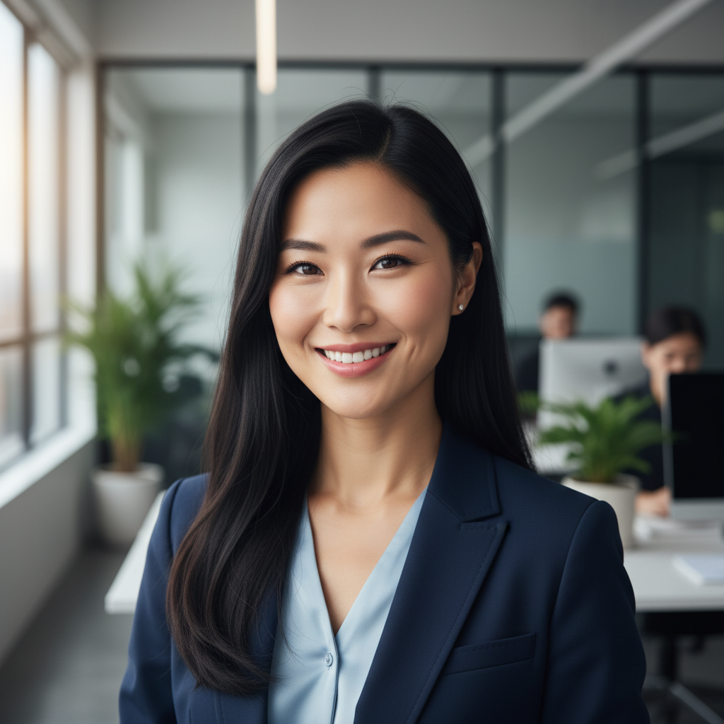 Professional Asian woman with long black hair in navy blazer smiling confidently in modern office setting