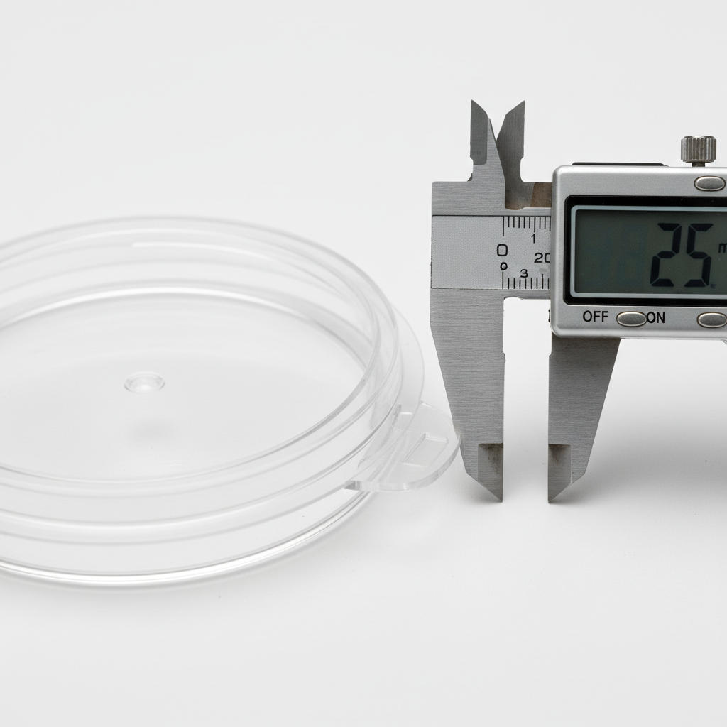 Close-up macro shot of precision plastic living hinge on white container lid with caliper measurement tool