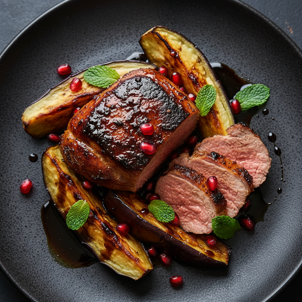 Lamb rack with pomegranate reduction and couscous on dark plate, dramatic low-key restaurant lighting