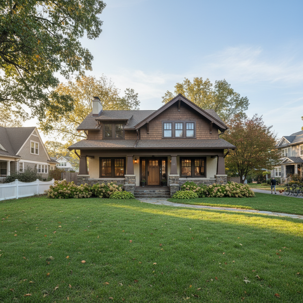 Well-lit craftsman style home with stone pillars, covered front porch, wood beam details, and lush green lawn on a clear day