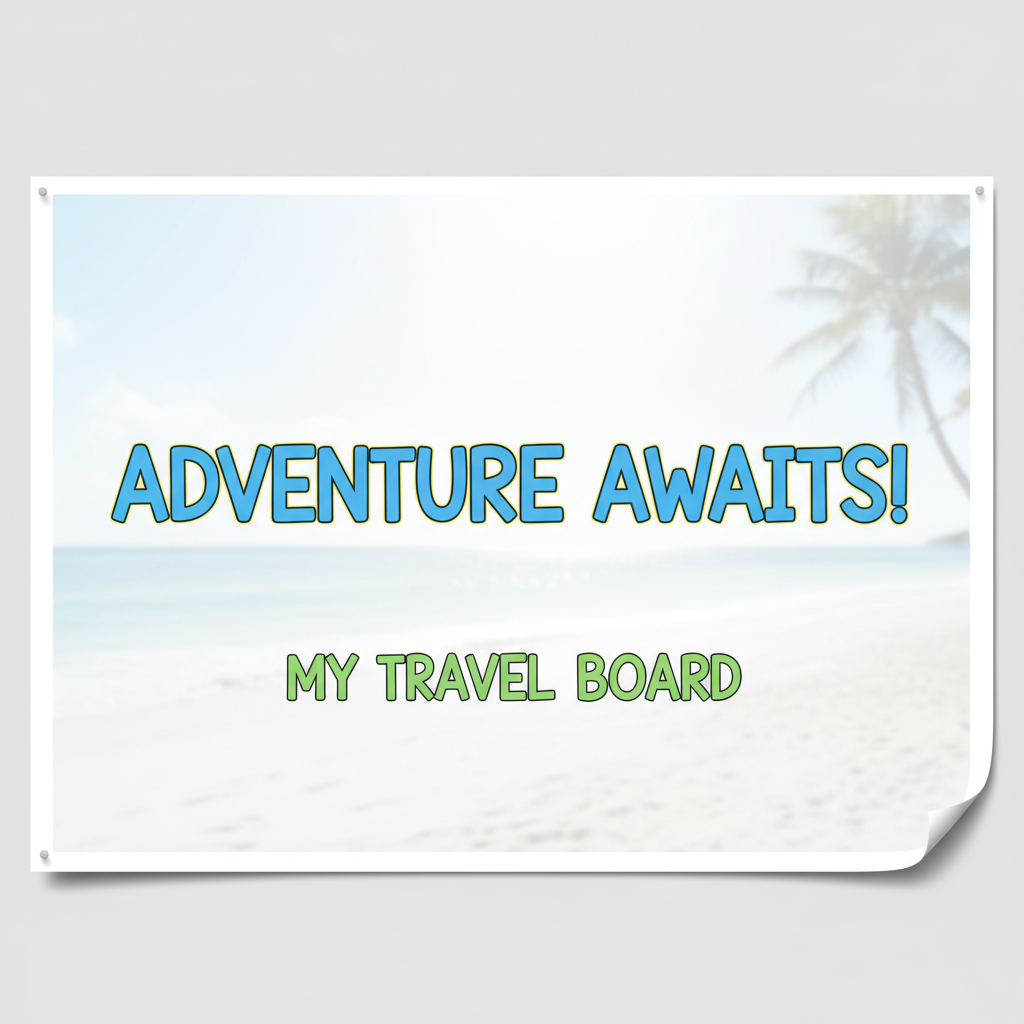 Overexposed beach photo with Comic Sans text overlay — before travel board cover