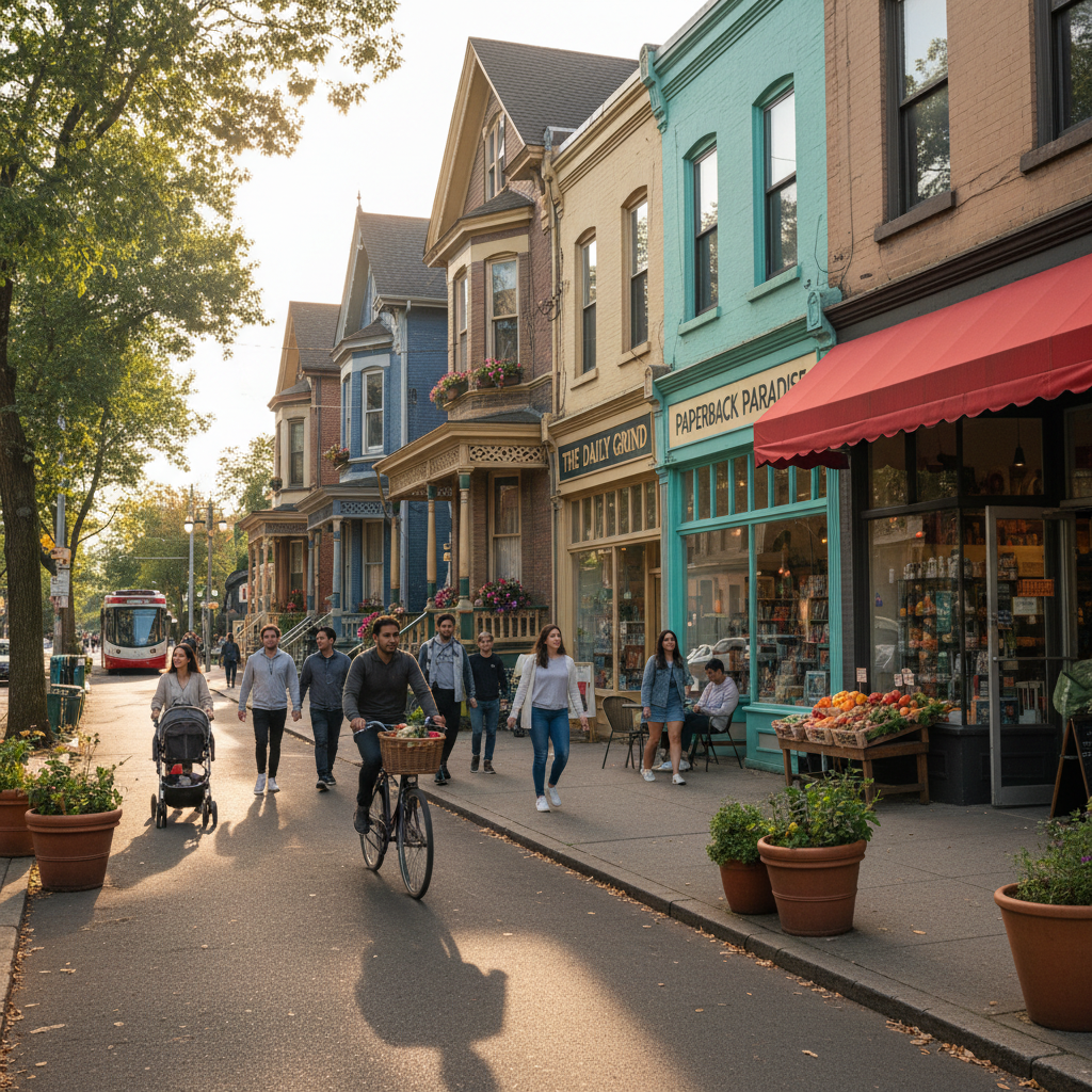 Diverse neighborhood street with mixed residential and commercial buildings
