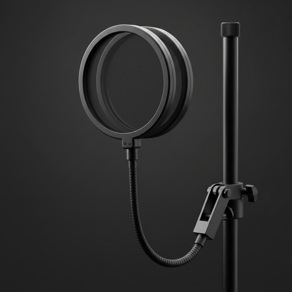 Double-layer pop filter with gooseneck clamp mounted on microphone stand